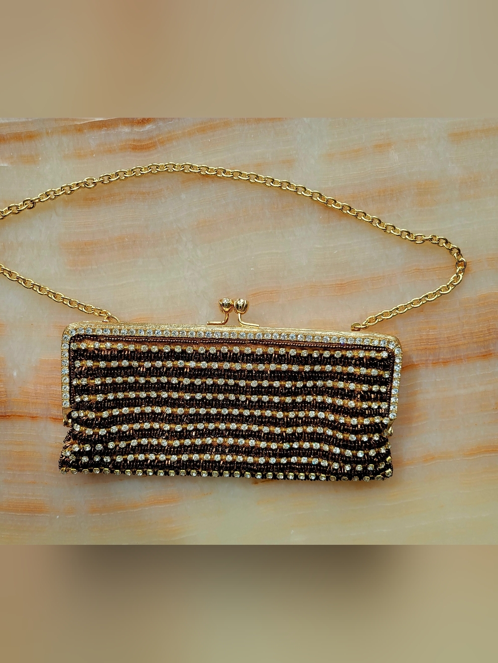 Gold and Brown Beaded Evening Clutch with Chain